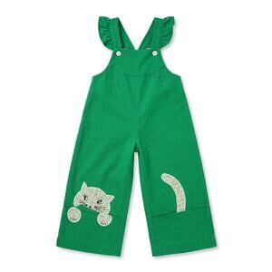 Thomas Girls Size 3 Green Cotton Overalls Ruffle Sleeves Floral Cat Applique VTG